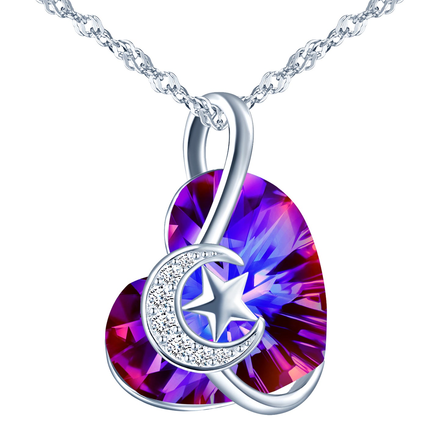 Zircon Crescent Moon and Star Heart Crystal Necklace