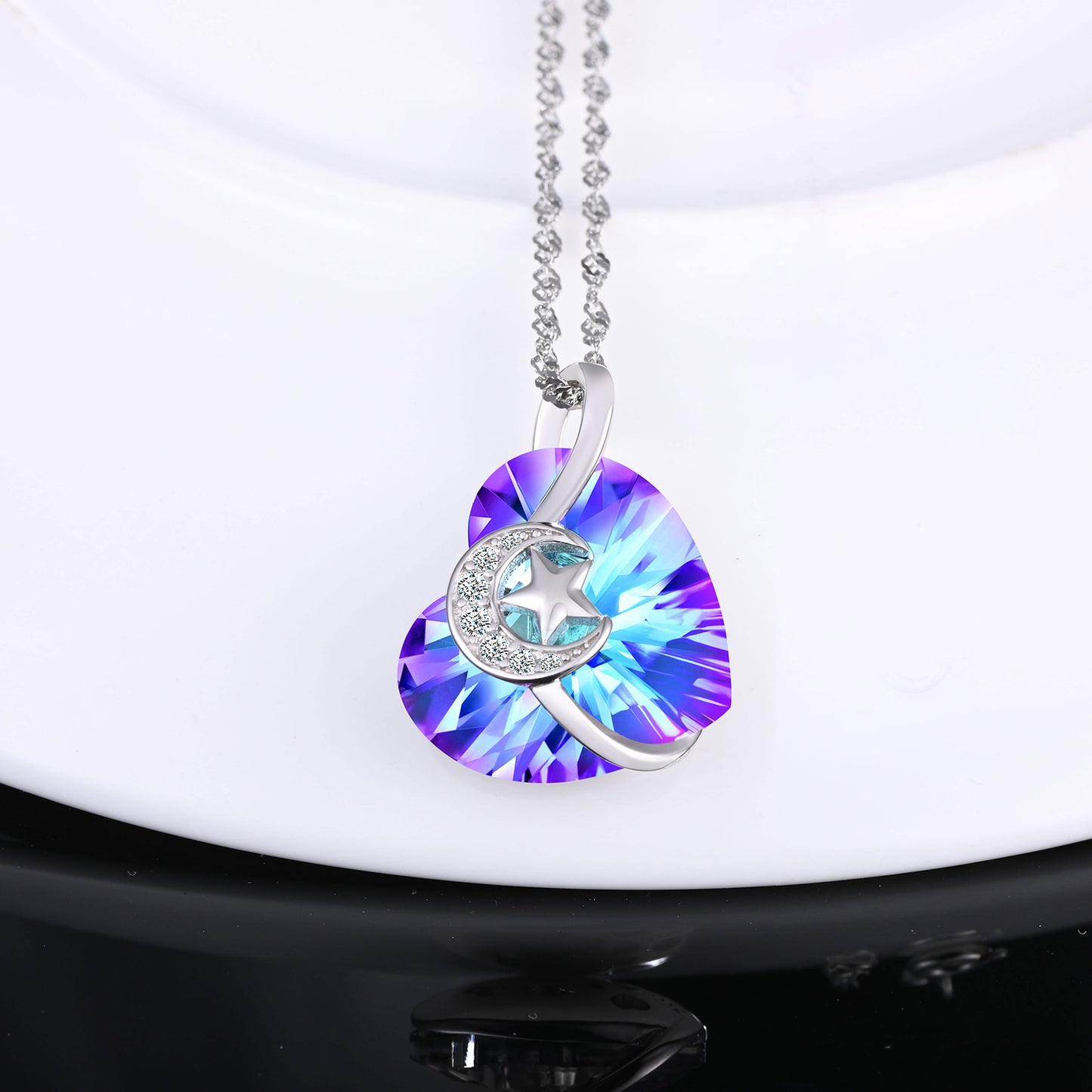 Zircon Crescent Moon and Star Heart Crystal Necklace