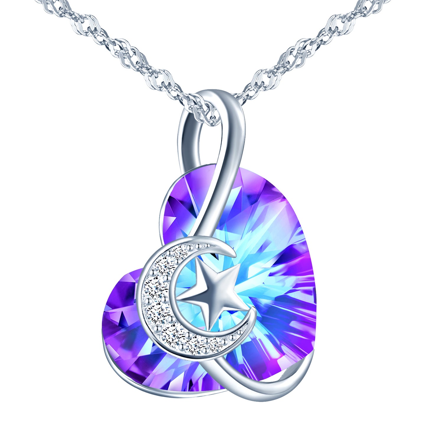 Zircon Crescent Moon and Star Heart Crystal Necklace