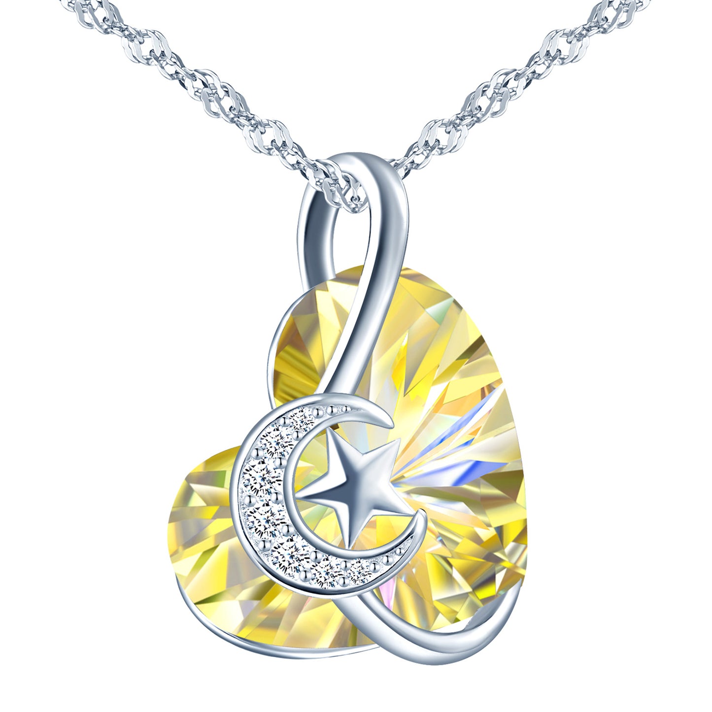 Zircon Crescent Moon and Star Heart Crystal Necklace