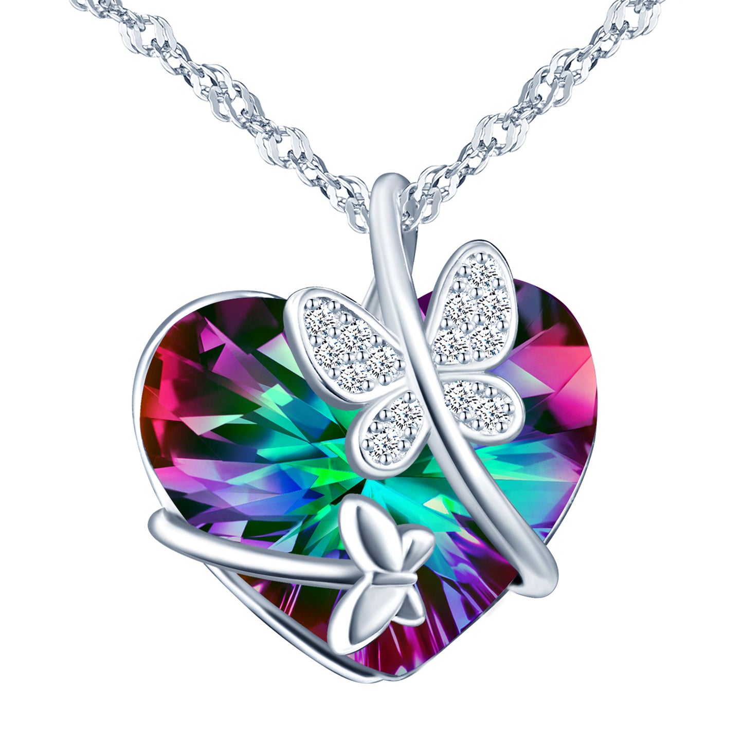 Butterfly with Heart Crystal CZ Necklace