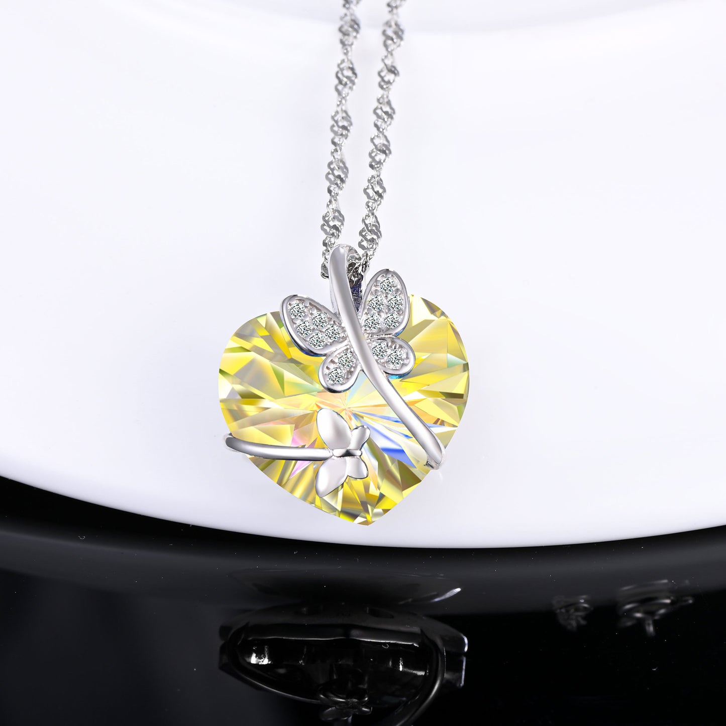 Butterfly with Heart Crystal CZ Necklace