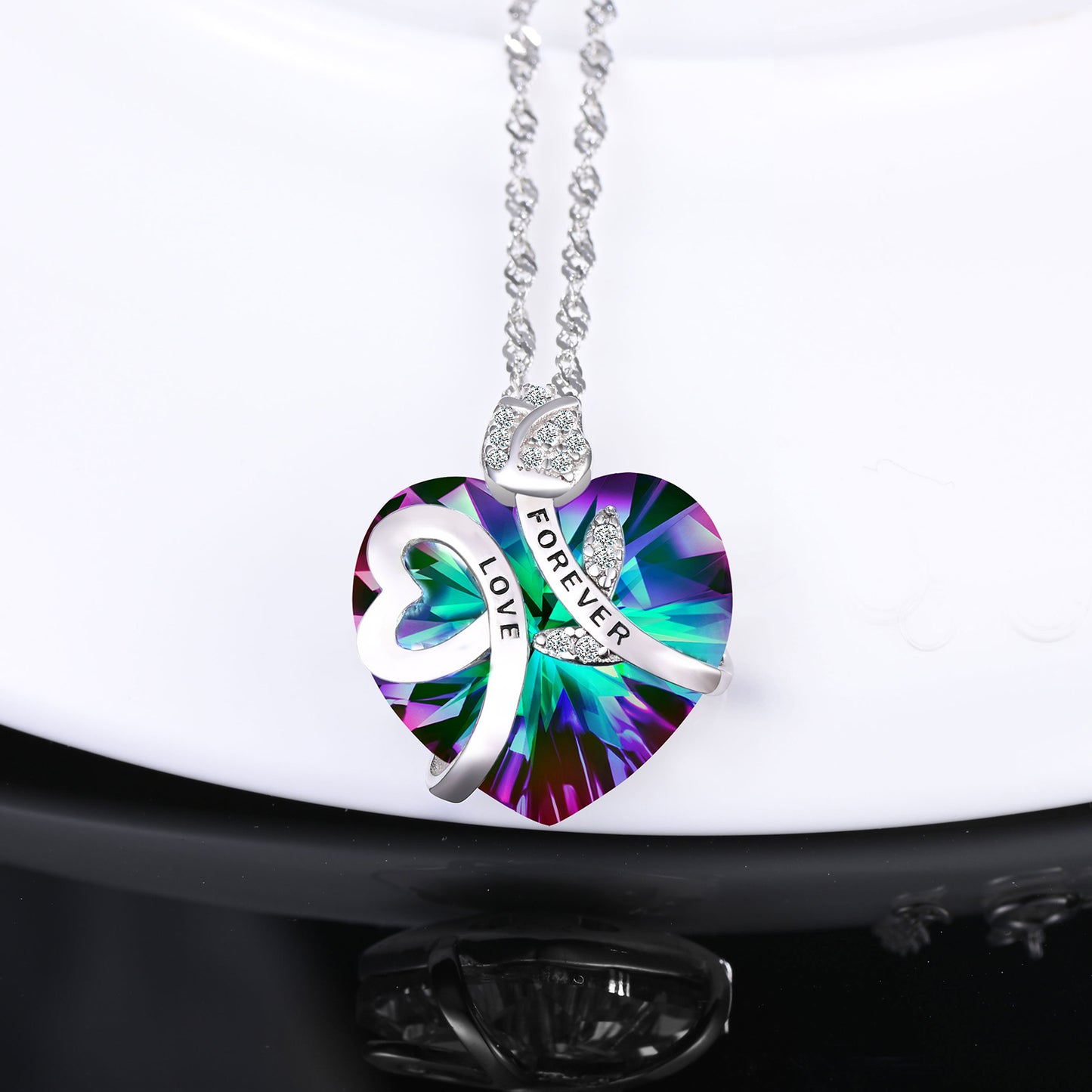 Forever Love Rose with Heart Crystal Zircon Necklace
