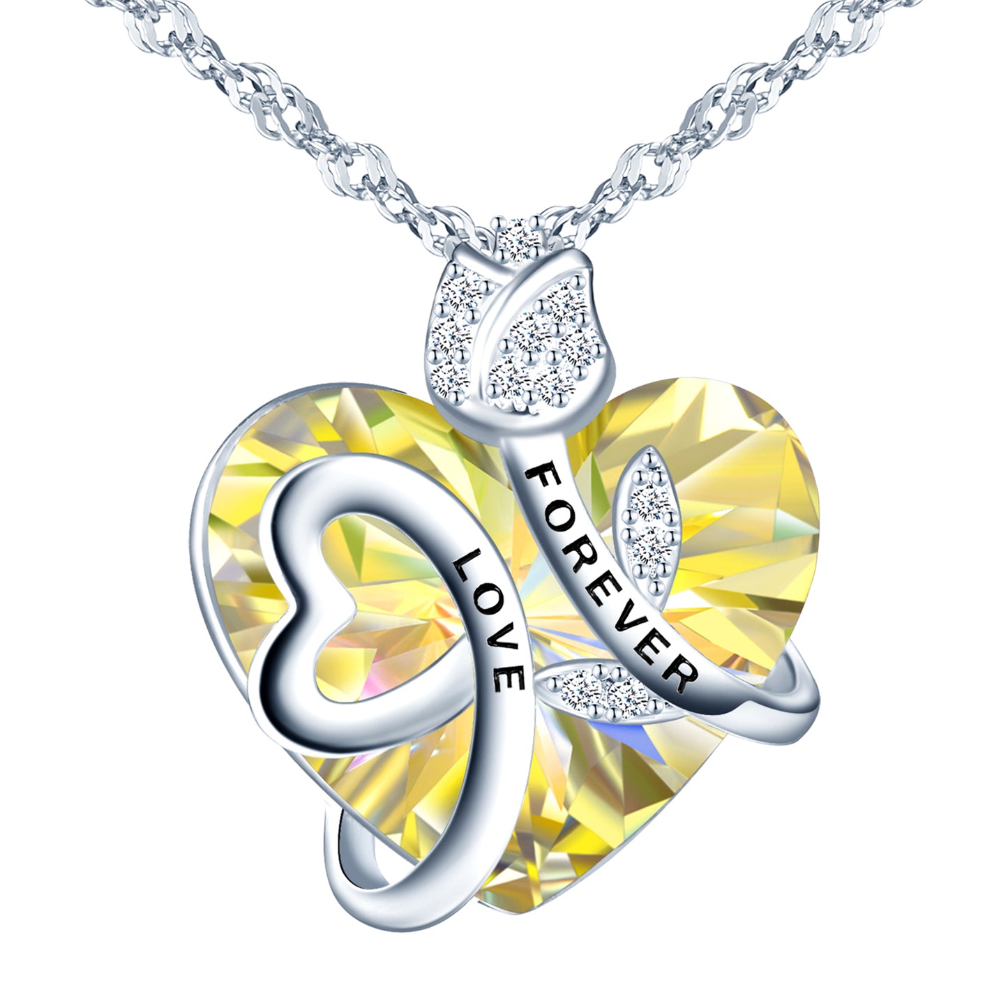 Forever Love Rose with Heart Crystal Zircon Necklace