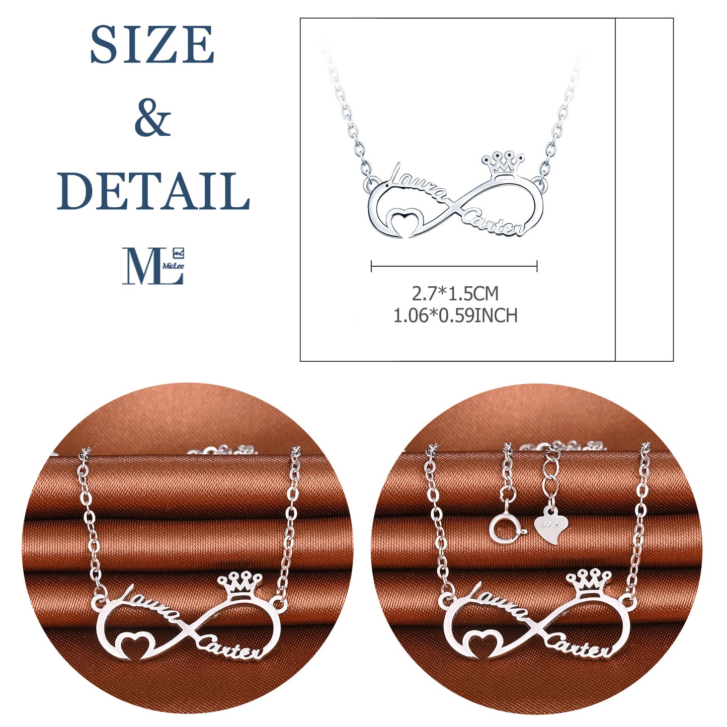 Infinionly Sterling Silver Classical Style With Little Heart And Crown Personalized Name Necklace
