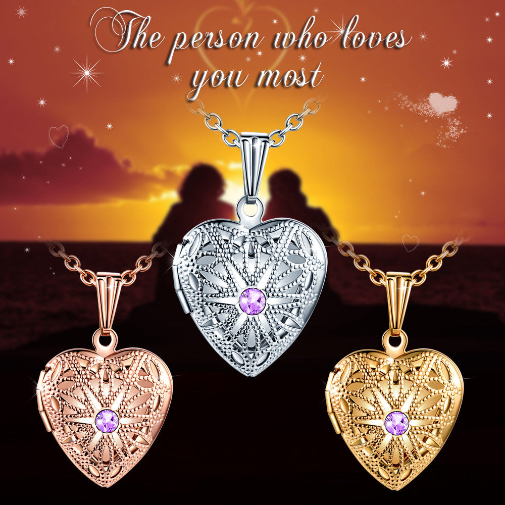 Infinionly Skeleton Glass Blue Zircon Heart Photo Locket Necklace