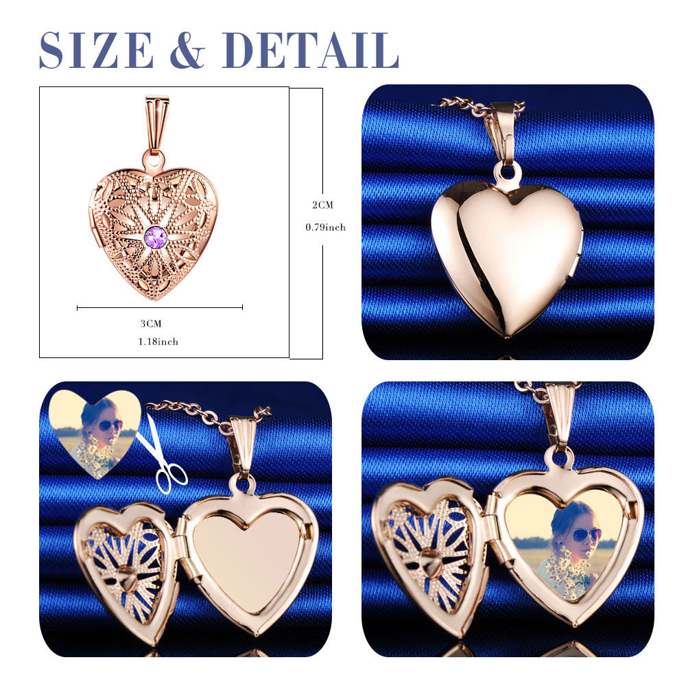 Infinionly Skeleton Glass Pink Zircon Heart Photo Locket Necklace