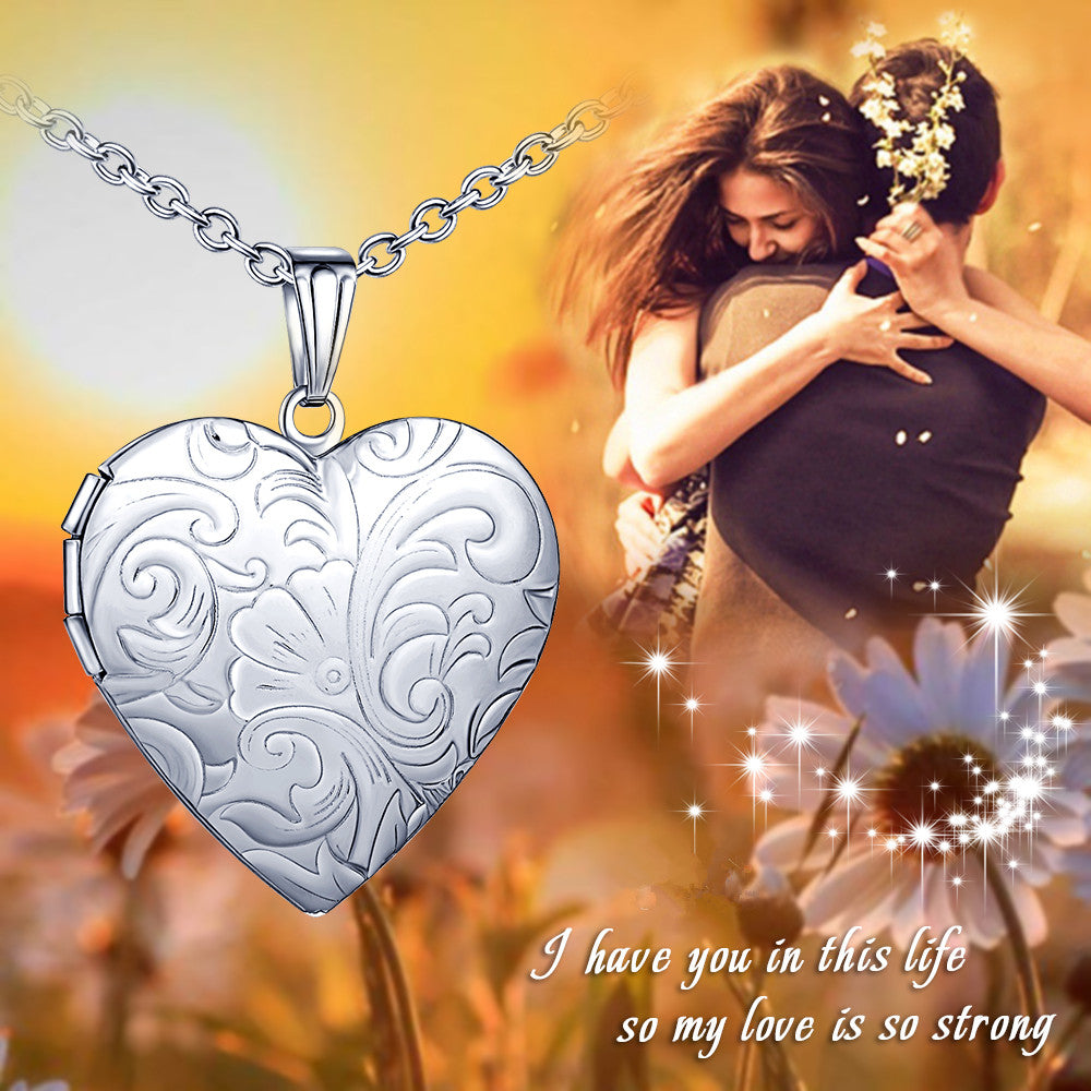Infinionly Fashion Pattern Heart Photo Locket Necklace