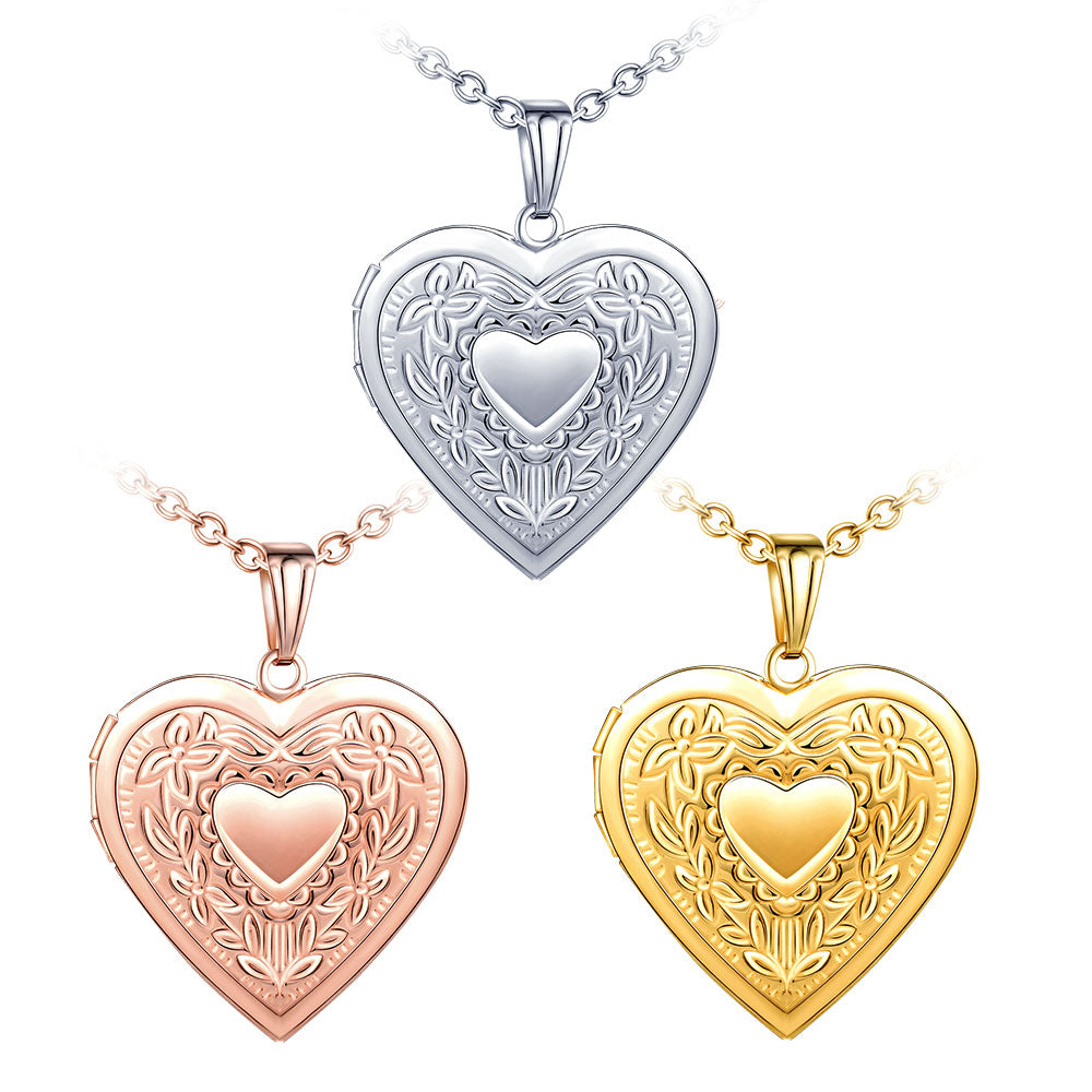 Infinionly Big Pattern Heart Photo Locket Necklace