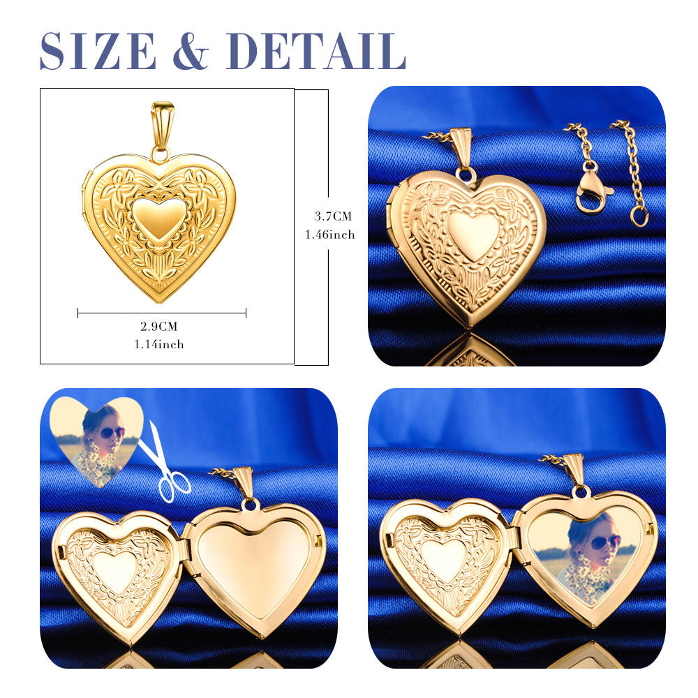 Infinionly Big Pattern Heart Photo Locket Necklace