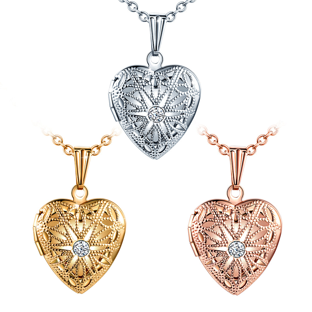 Infinionly Skeleton Glass White Zircon Heart Photo Locket Necklace