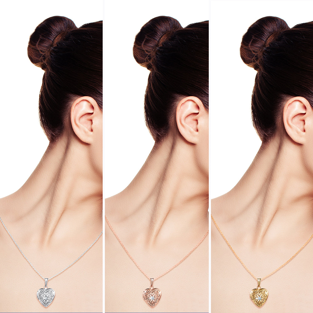 Infinionly Skeleton Glass White Zircon Heart Photo Locket Necklace