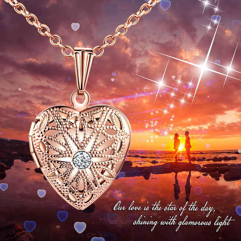 Infinionly Skeleton Glass White Zircon Heart Photo Locket Necklace