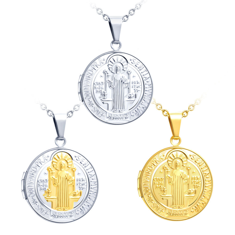 Infinionly Vintage Jesus Cross Round Photo Locket Necklace