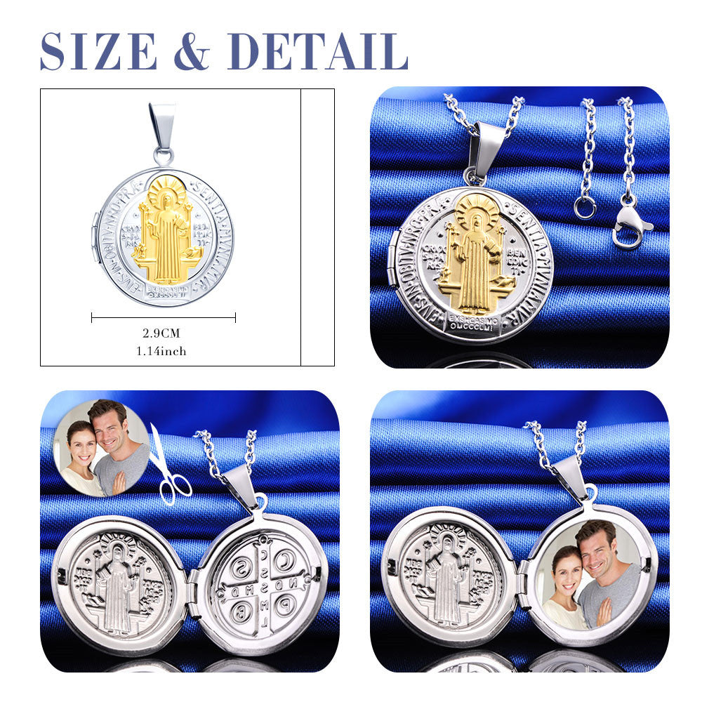 Infinionly Vintage Jesus Cross Round Photo Locket Necklace