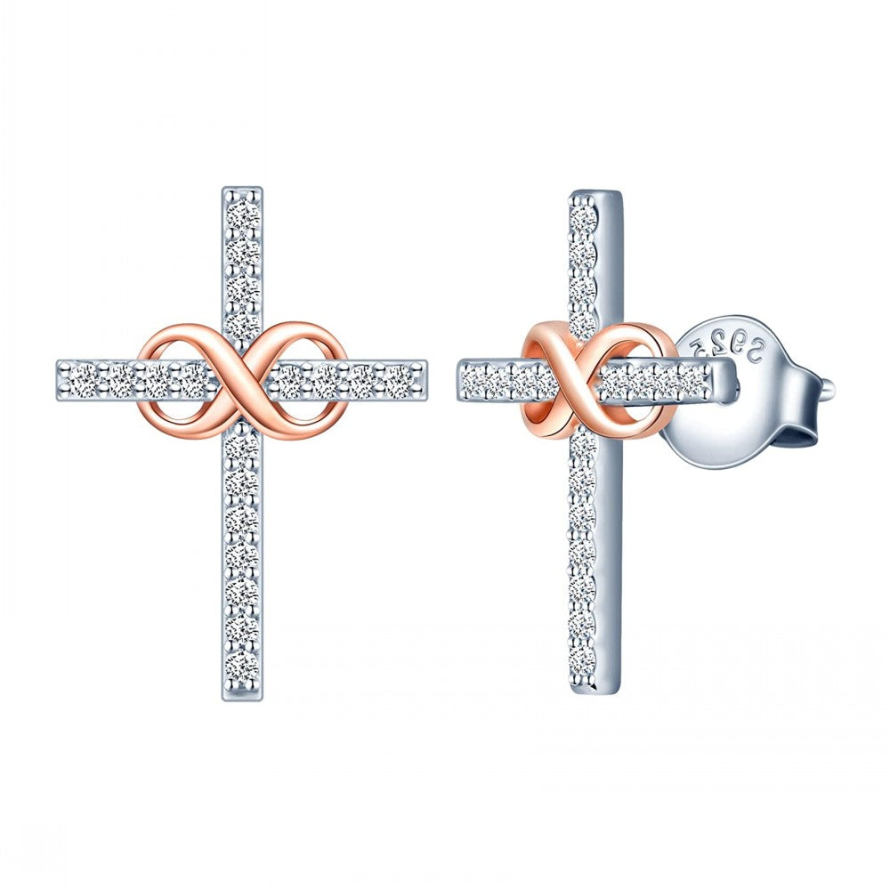 Infinity with Cross Two Tone CZ Stud Earrings