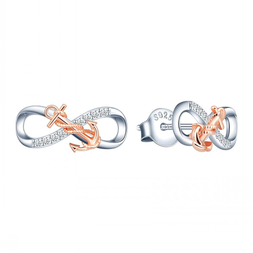 Infinity with Anchor Two Tone CZ Stud Earrings