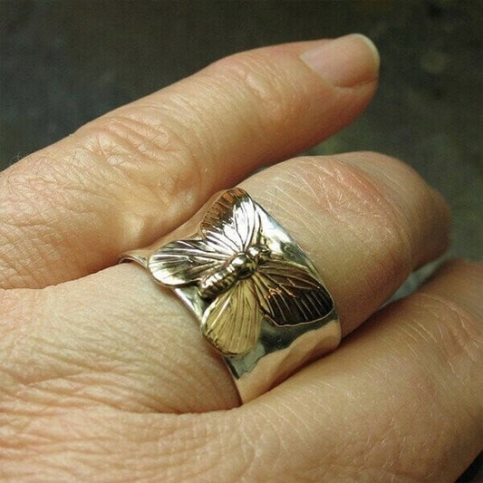 Infinionly Vintage Butterfly Wide Band Silver Ring