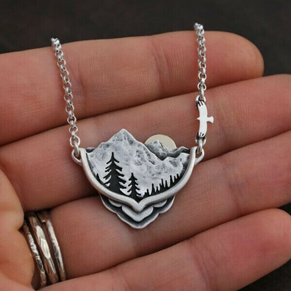 Infinionly Mountain Pine Tree Sun Landscape Necklace