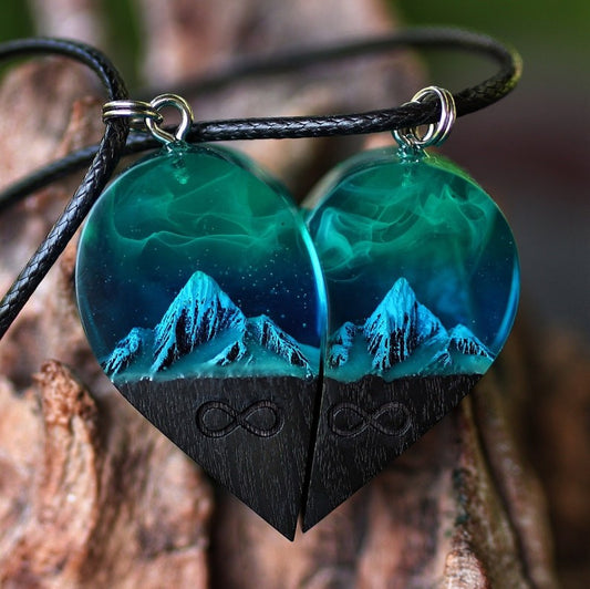 Infinionly Wood Resin Paired Heart Pendants Mountains Secret Magical World Inside Necklace