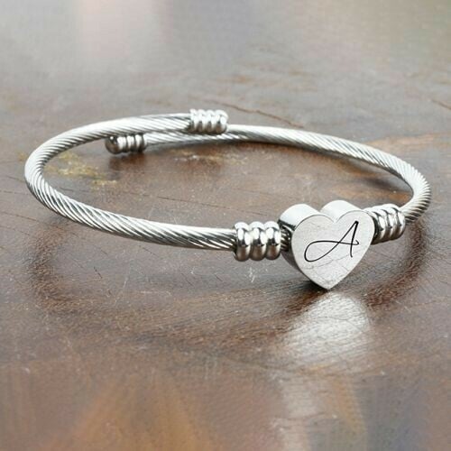 Solid Stainless-Steel Heart Initial Cable Bangle - All Letters