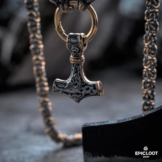 Infinionly King Chain Wolves Holding Mjolnir Pendant