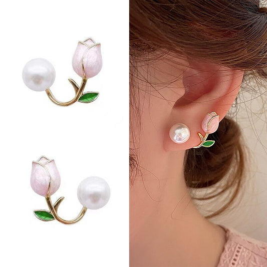 Infinionly Luxury Pink Tulip Flower Pearl Stud Earrings