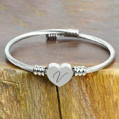 Solid Stainless-Steel Heart Initial Cable Bangle - All Letters