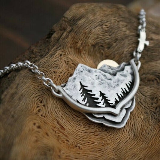 Infinionly Mountain Pine Tree Sun Landscape Necklace