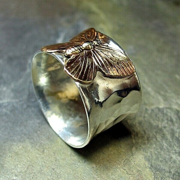 Infinionly Vintage Butterfly Wide Band Silver Ring