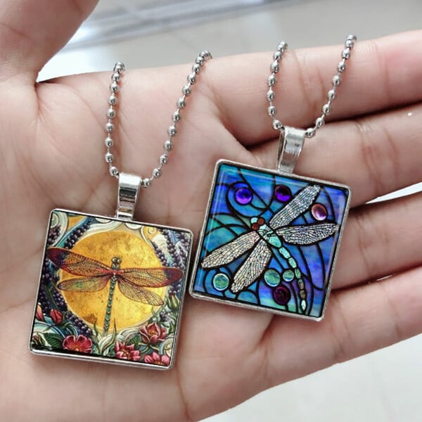 Infinionly Hand Painted Boho Dragonfly Silver Necklace