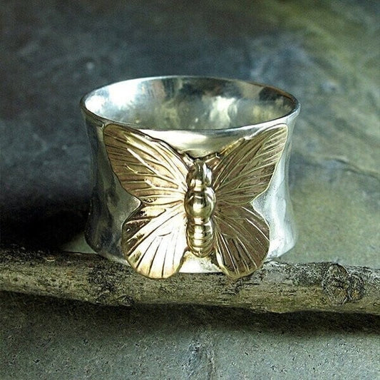 Infinionly Vintage Butterfly Wide Band Silver Ring