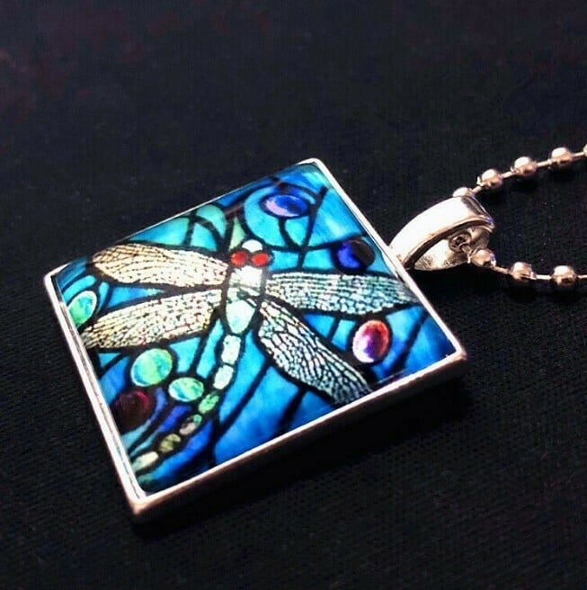 Infinionly Hand Painted Boho Dragonfly Silver Necklace