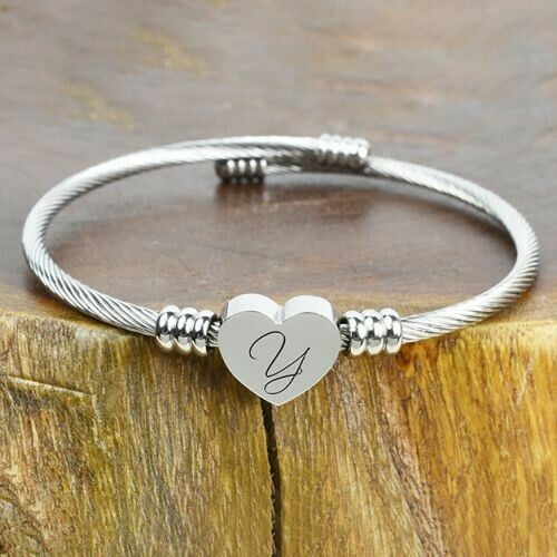 Solid Stainless-Steel Heart Initial Cable Bangle - All Letters