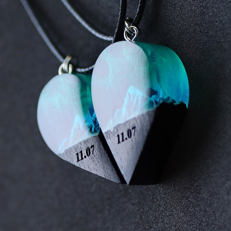 Infinionly Wood Resin Paired Heart Pendants Mountains Secret Magical World Inside Necklace