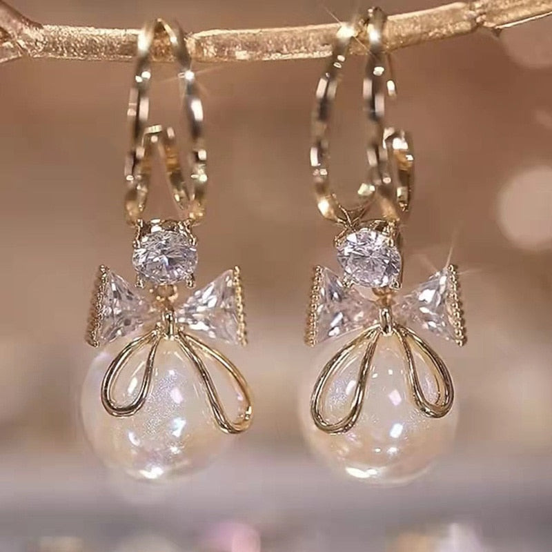 Infinionly Fashion Trend Crystal Zircon Bow Pendant Earrings