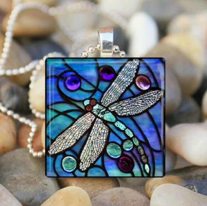 Infinionly Hand Painted Boho Dragonfly Silver Necklace