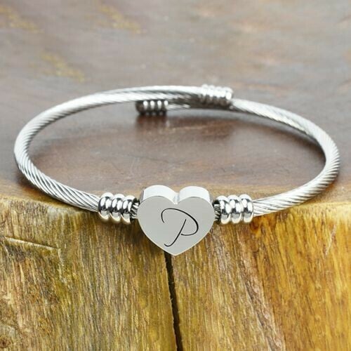 Solid Stainless-Steel Heart Initial Cable Bangle - All Letters