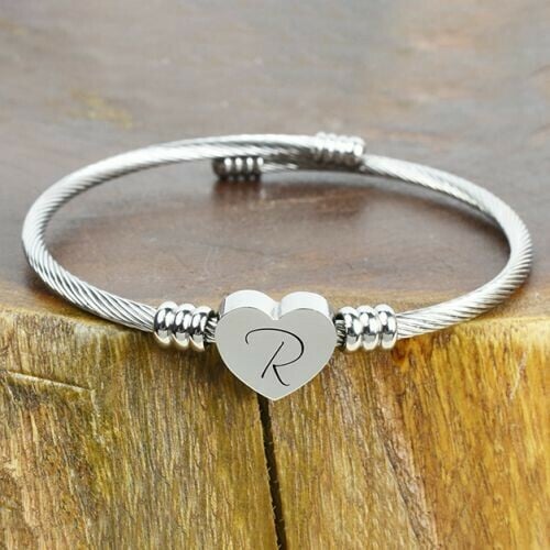 Solid Stainless-Steel Heart Initial Cable Bangle - All Letters