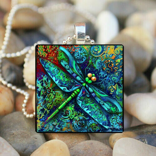 Infinionly Hand Painted Boho Dragonfly Silver Necklace