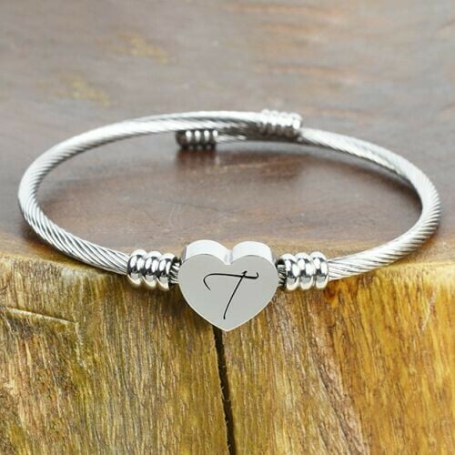 Solid Stainless-Steel Heart Initial Cable Bangle - All Letters