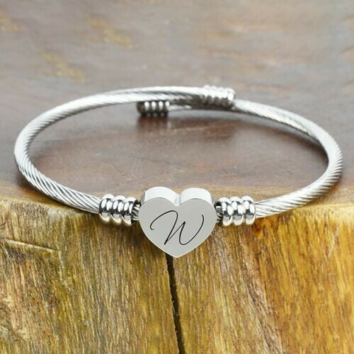 Solid Stainless-Steel Heart Initial Cable Bangle - All Letters