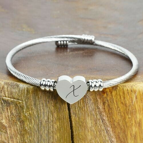 Solid Stainless-Steel Heart Initial Cable Bangle - All Letters