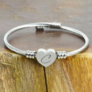 Solid Stainless-Steel Heart Initial Cable Bangle - All Letters