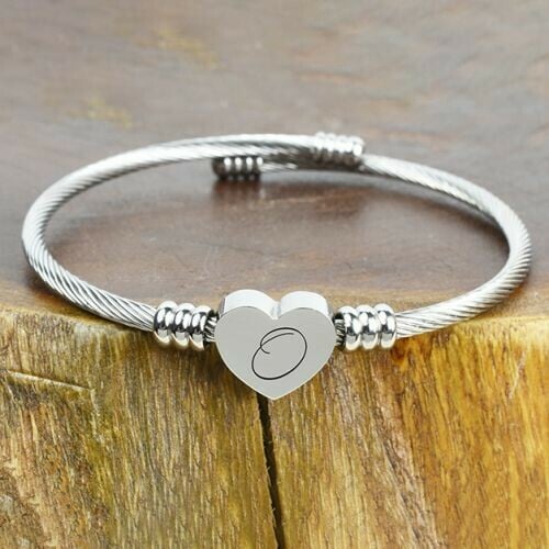 Solid Stainless-Steel Heart Initial Cable Bangle - All Letters