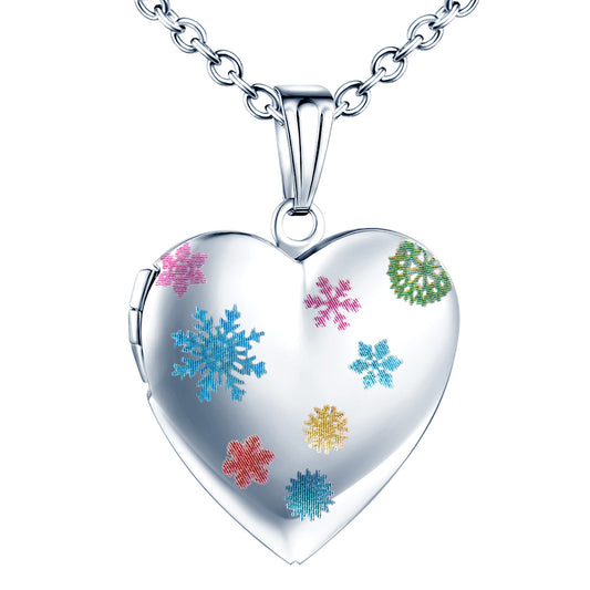 Infinionly Colorful Snowflakes Heart Photo Locket Necklace