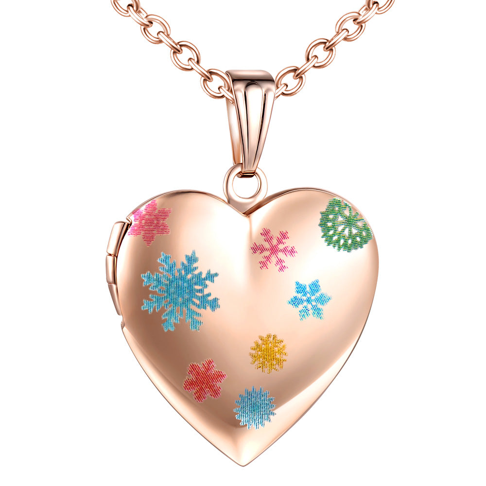 Infinionly Colorful Snowflakes Heart Photo Locket Necklace