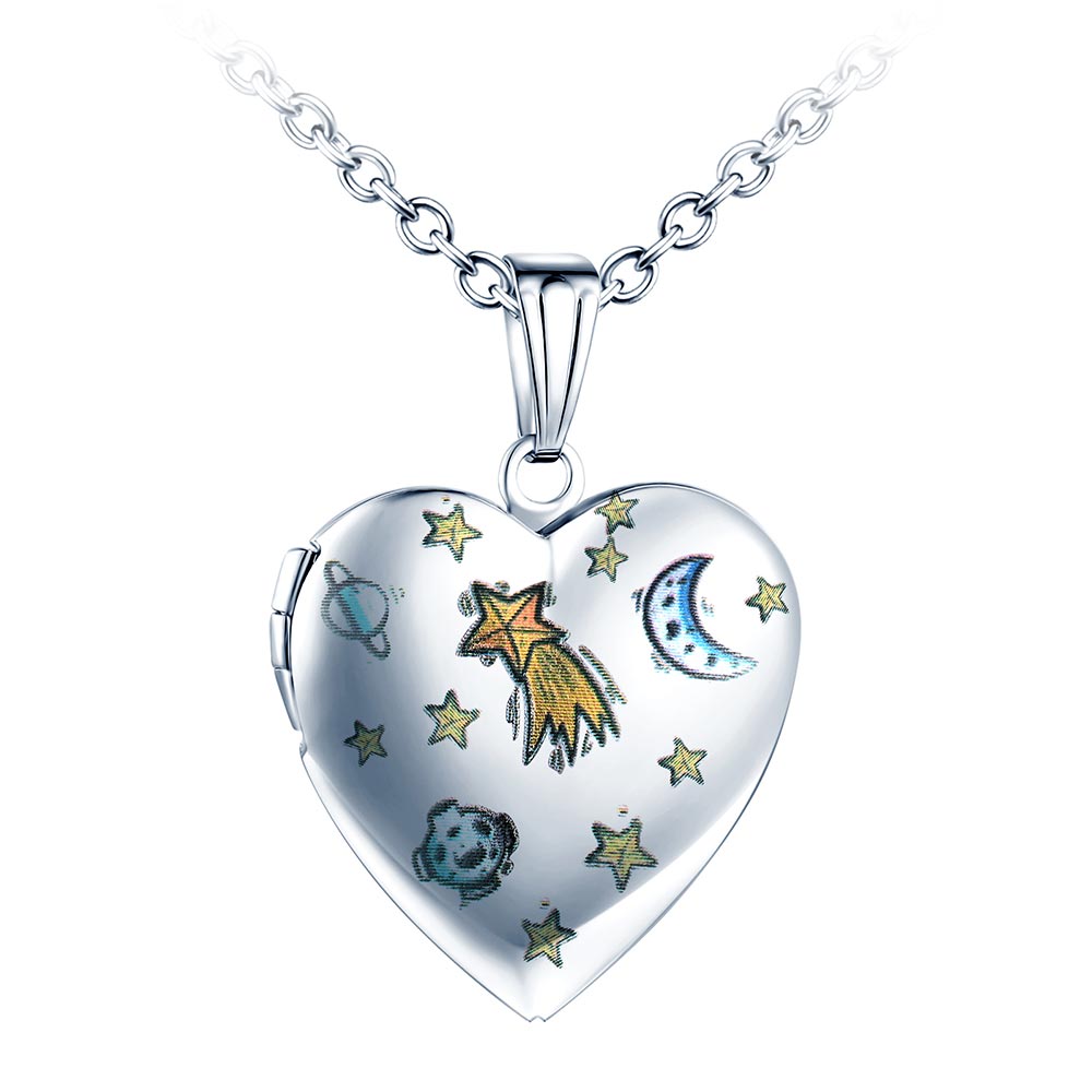 Infinionly Moon Planet Heart Photo Locket Necklace