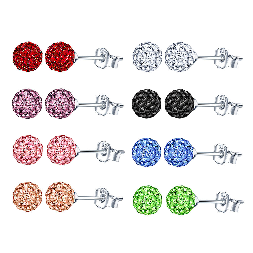 Infinionly 8 Pairs Of 8MM S925 Silver Shambhala Crystal Ball Earrings Set