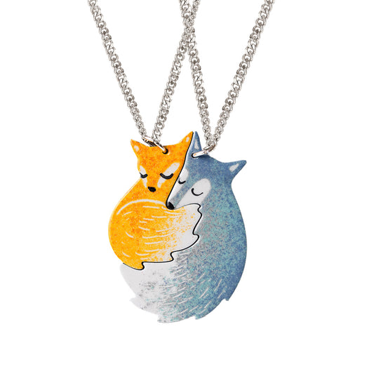 Infinionly Hand-painted Fox and Wolf Couple Hug Necklace